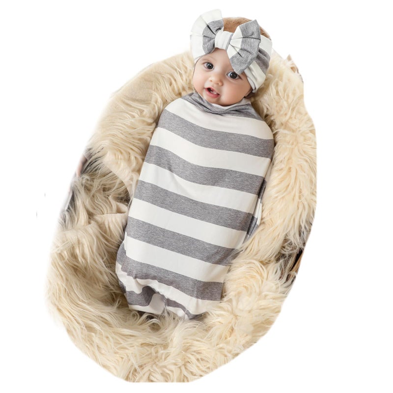 Galabloomer Receiving Blanket Headband Set Flower Print Baby Swaddle Blankets (stripe) - Image 1
