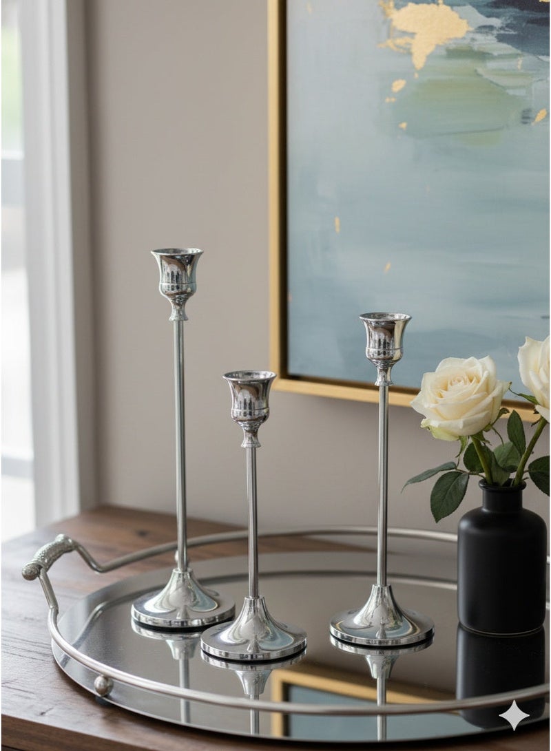 Set of 3 Silver Metal Candle Holders/Candlestick Holders, for Taper Candles Decorative Candlestick With Anti-Slip Base Holders for Wedding, Dinning, Party Fits - Image 1