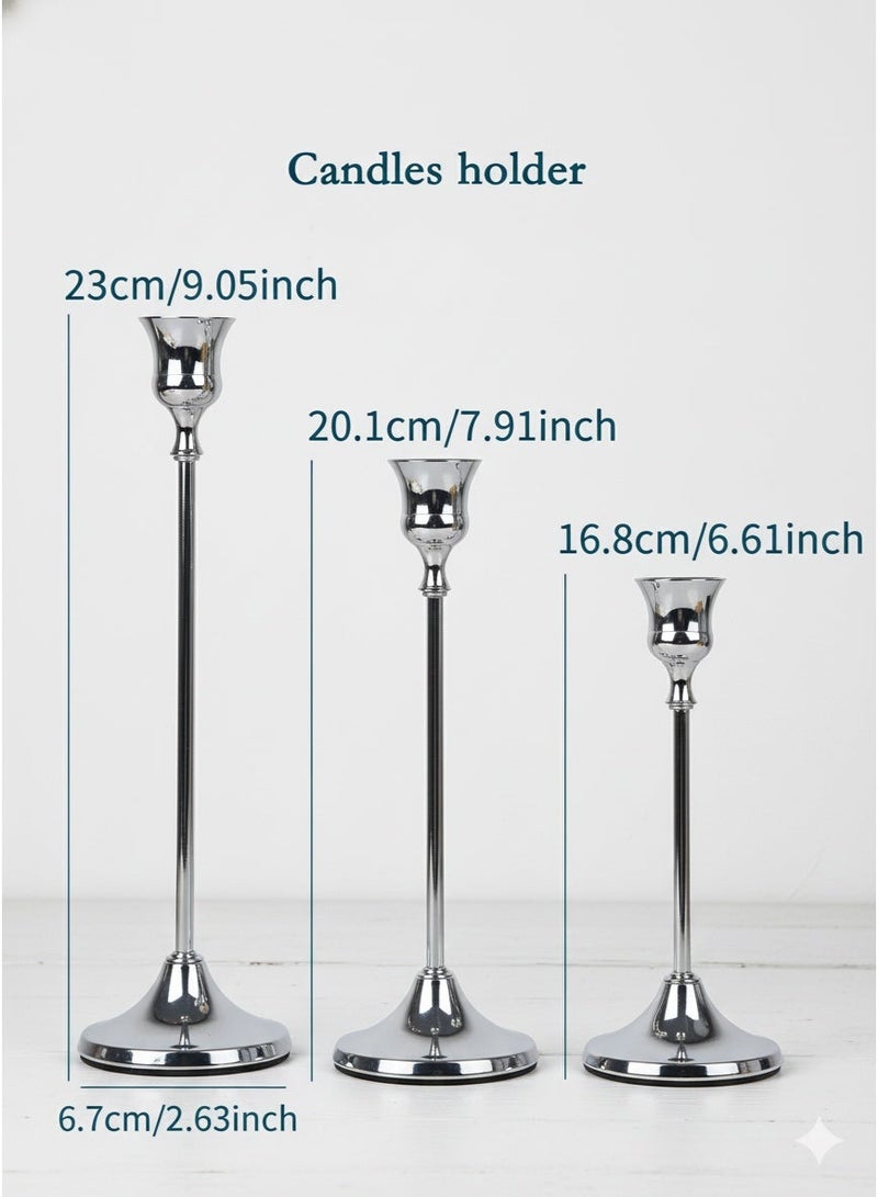 Set of 3 Silver Metal Candle Holders/Candlestick Holders, for Taper Candles Decorative Candlestick With Anti-Slip Base Holders for Wedding, Dinning, Party Fits - Image 5