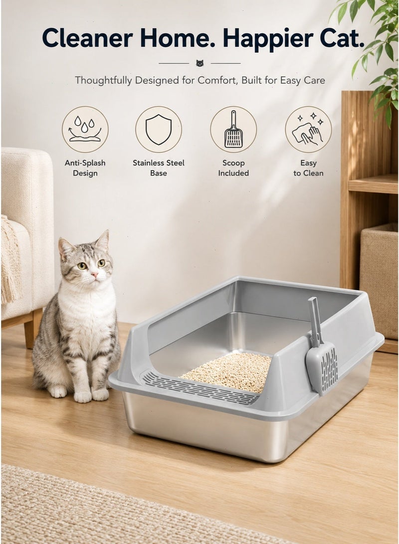 Stainless Steel Cat Litter Box with High Sides and Scoop, Grey, 60 x 40 x 20 cm - Image 1
