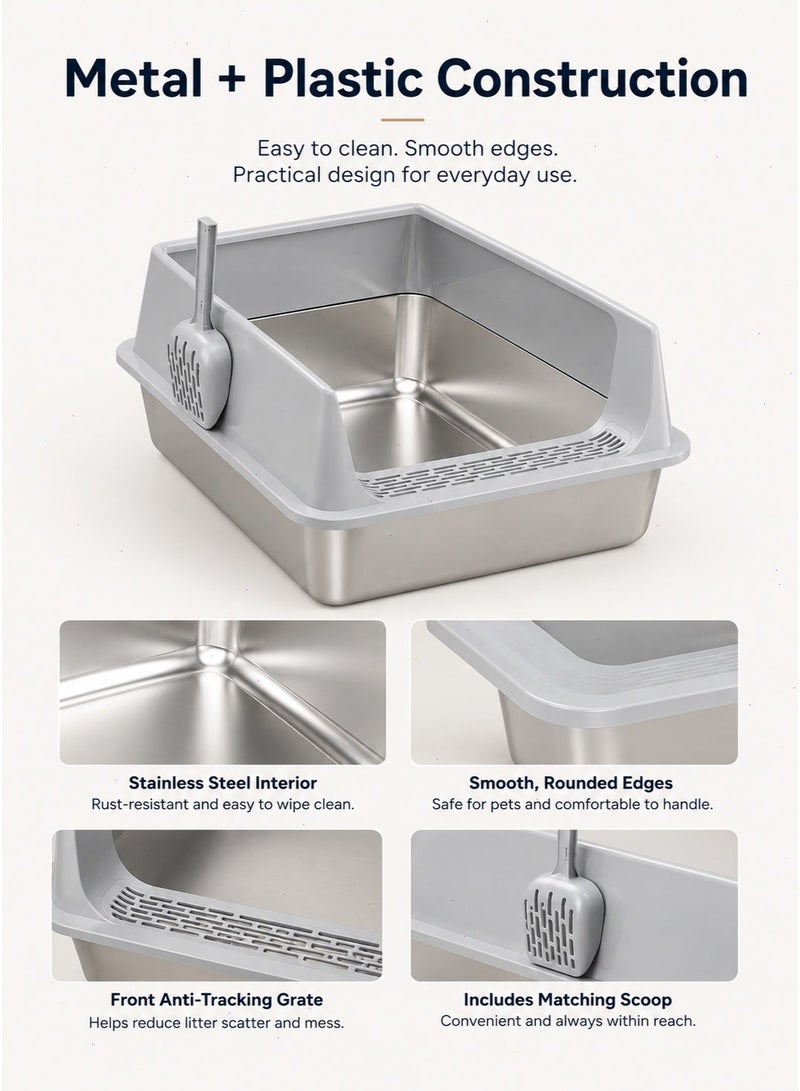 Stainless Steel Cat Litter Box with High Sides and Scoop, Grey, 60 x 40 x 20 cm - Image 4