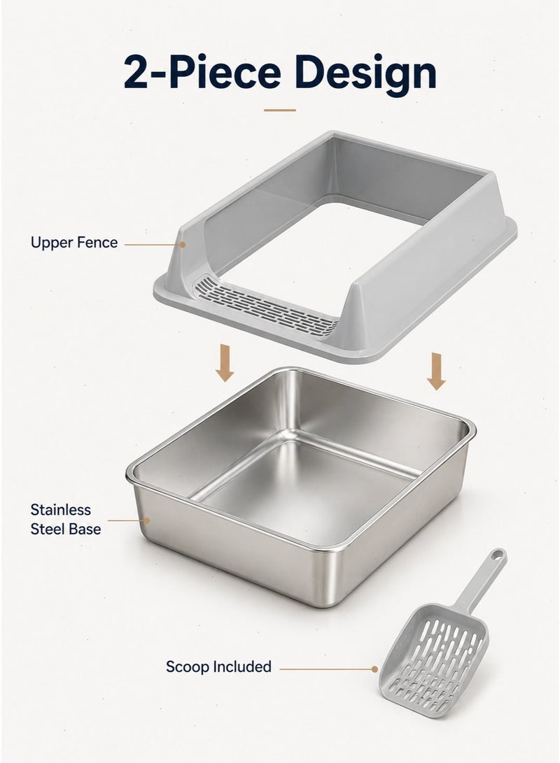 Stainless Steel Cat Litter Box with High Sides and Scoop, Grey, 60 x 40 x 20 cm - Image 3