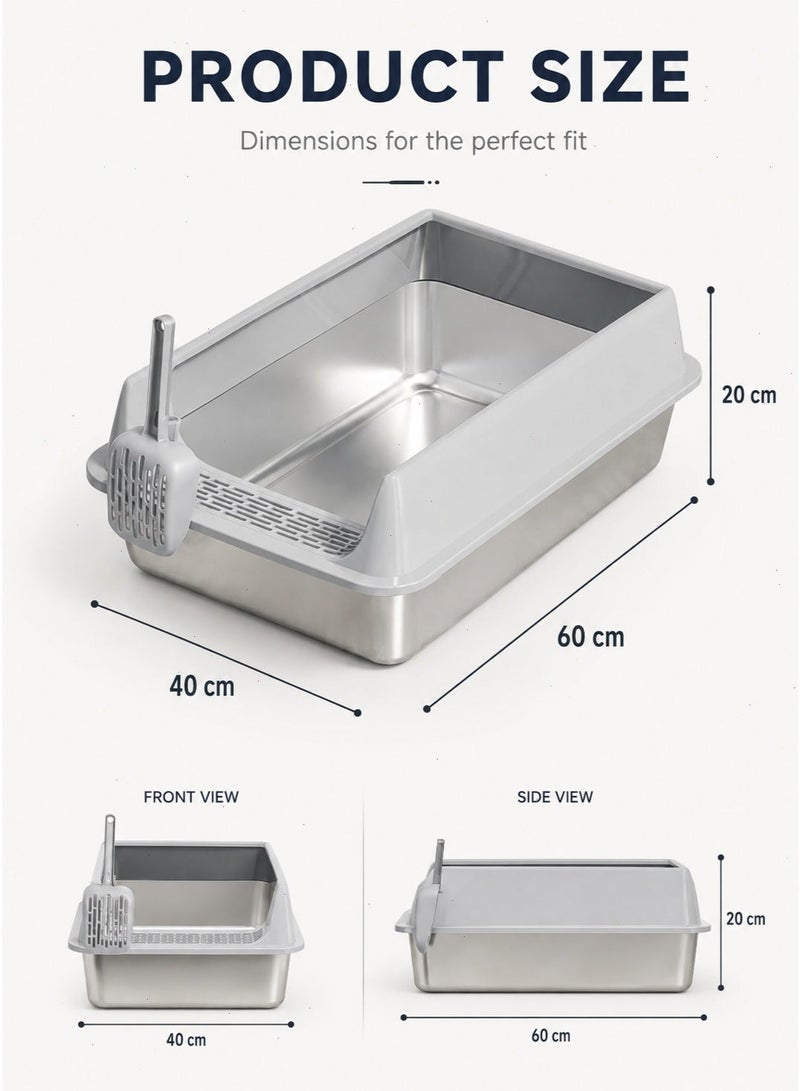 Stainless Steel Cat Litter Box with High Sides and Scoop, Grey, 60 x 40 x 20 cm - Image 2