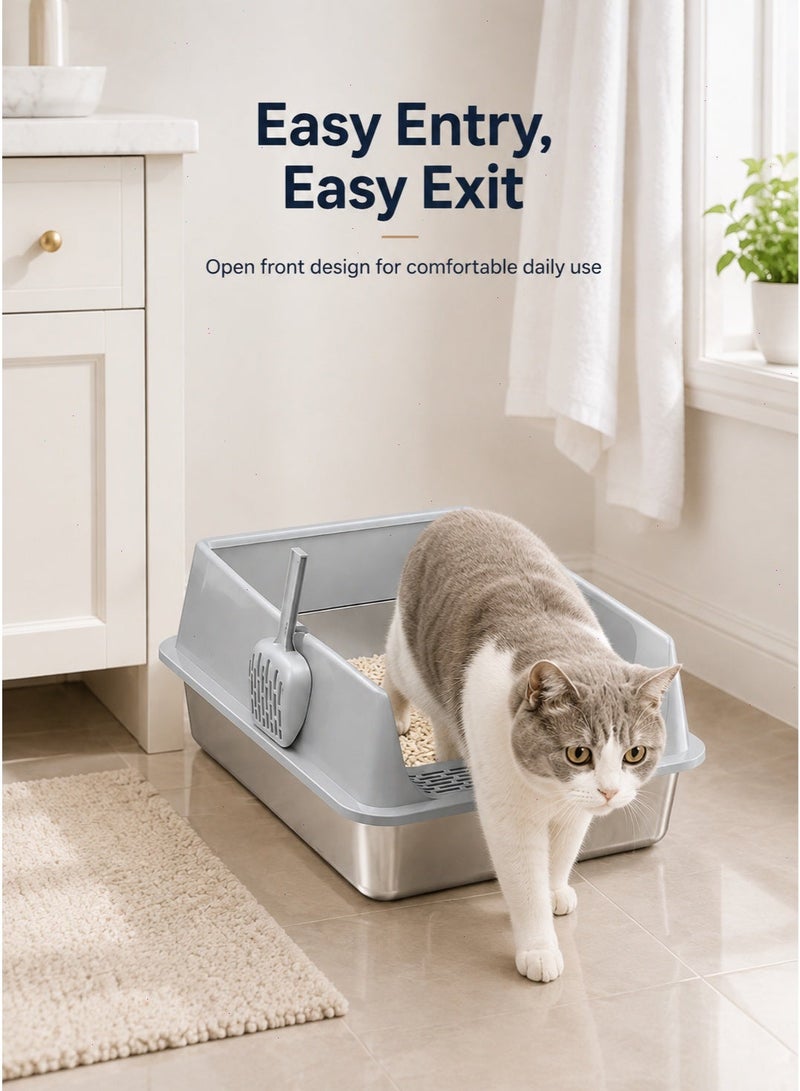 Stainless Steel Cat Litter Box with High Sides and Scoop, Grey, 60 x 40 x 20 cm - Image 5