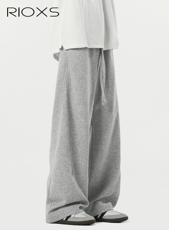 RIOXS Men's Baggy Sweatpants, Wide Leg Elastic Drawstring Waist Athletic Sweatpants with Pockets, Loose Fit Lounge Track Pants, Spring Fall Soft Breathable Sports Pants, Trendy Workout Open Bottom Joggers, for Hiking, Runnig, Yoga, Biking, Daily Wear, Gray - Image 3