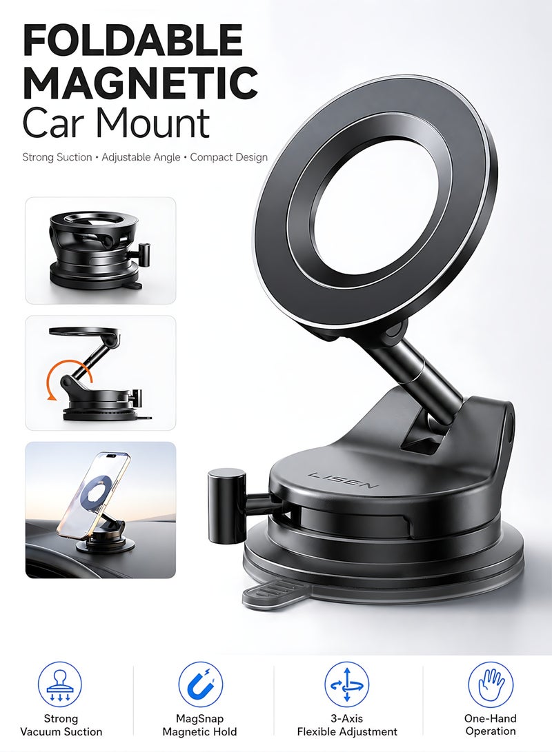 Lisen Car Phone Holder for MagSafe, Strong Magnetic Car Mobile Holder with 360° Rotatable, Car Mount with Vacuum Suction Base & Foldable Metal Arm, Magnetic Ring Included, Car Accessories Interior, Ideal for iPhone 17/16/15/Samsung Galaxy S26 Ultra, for Car/Travel/Window/Mirror/Smooth Surface, Best Gift for Men Women, Black - Image 1