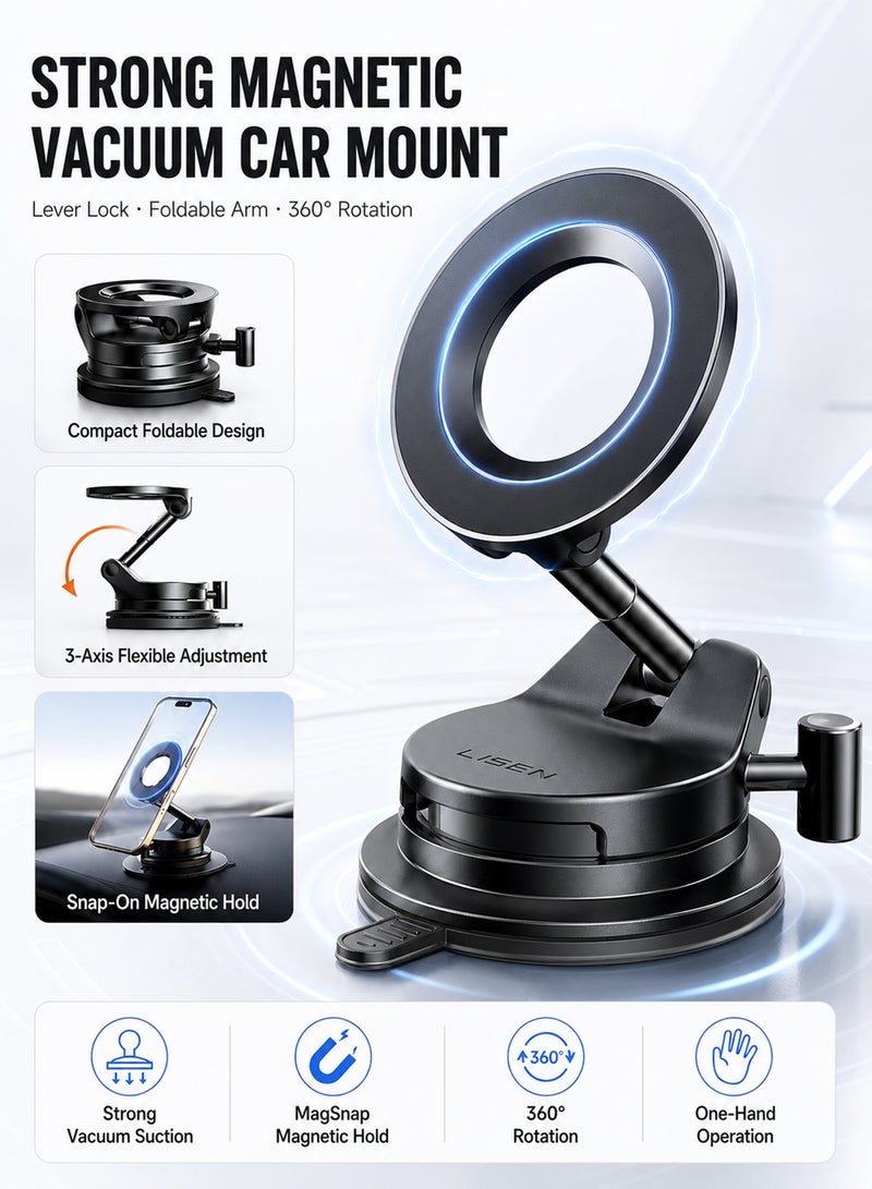 Lisen Car Phone Holder for MagSafe, Strong Magnetic Car Mobile Holder with 360° Rotatable, Car Mount with Vacuum Suction Base & Foldable Metal Arm, Magnetic Ring Included, Car Accessories Interior, Ideal for iPhone 17/16/15/Samsung Galaxy S26 Ultra, for Car/Travel/Window/Mirror/Smooth Surface, Best Gift for Men Women, Black - Image 1