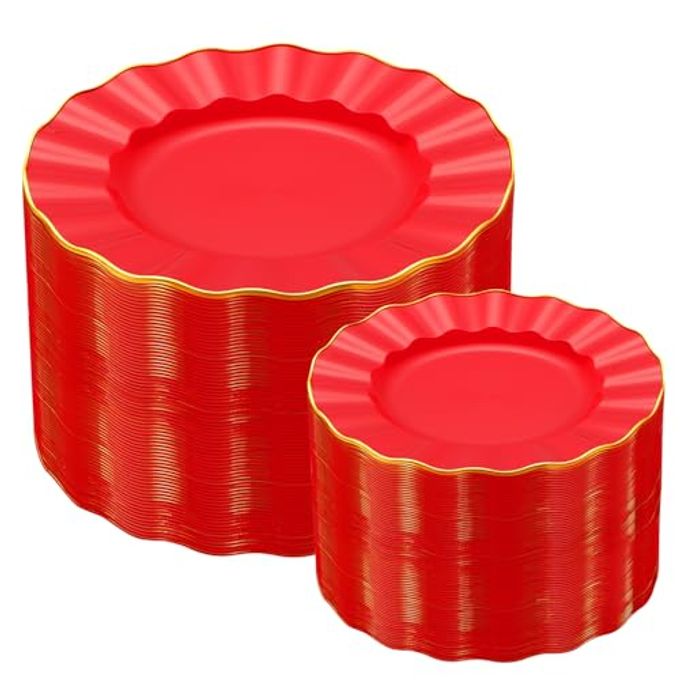 ISFANGCO 60Pcs Heavy Weight Red Plastic Plates with Gold Trim, Heavy Duty Red and Gold Christmas Plates, Elegant Disposable Plate Sets include 30 Dinner & 30 Dessert Plate for Party