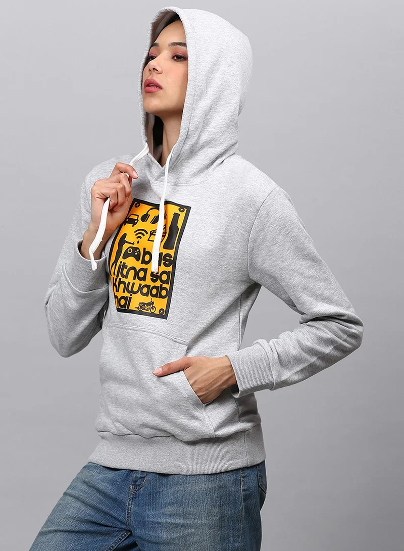 Campus Sutra Women's Light Grey Little-Dreams Print Pullover Hoodie