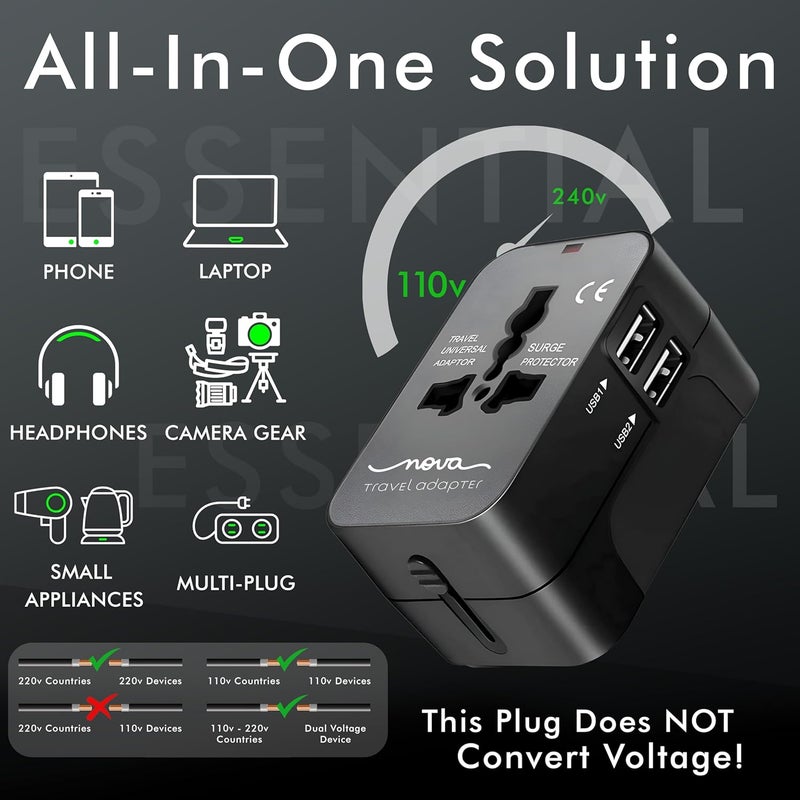 NOVA LINT REMOVER Universal Travel Adapter Universal Adapter and International Travel Adapter Perfect for Multi Country Travel Compatible in Europe Asia UK US Essential for Global Travelers with 2 High Speed USB A - Image 2
