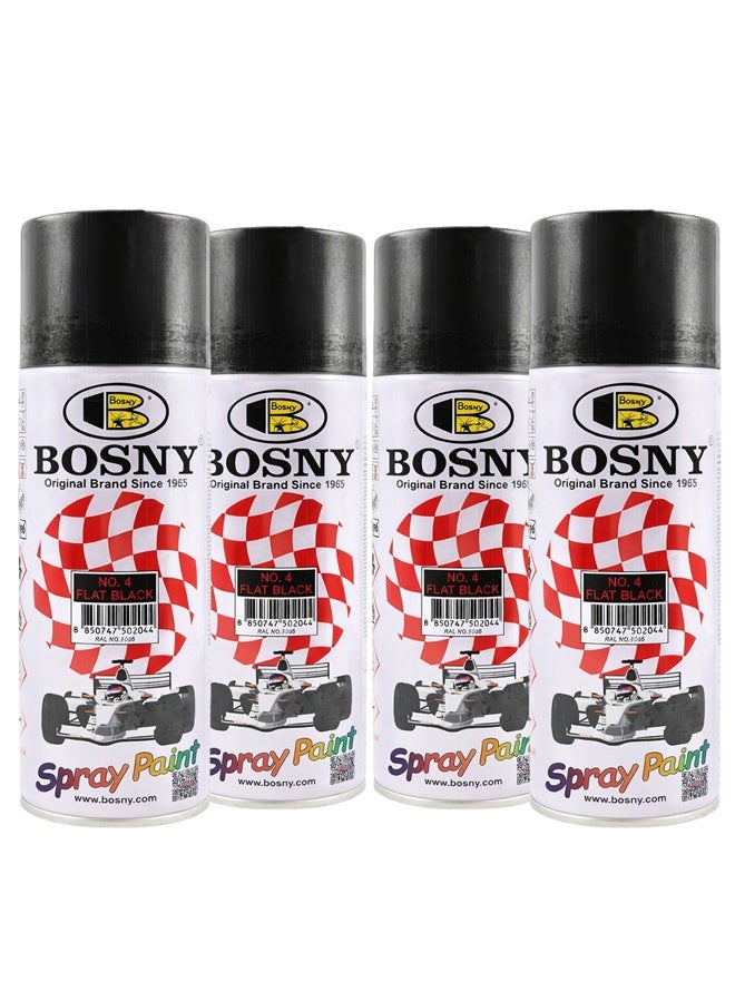 بوسني طلاء بخاخ Bosny – عبوة من 4 قطع – لون أسود مطفي (Aerosol) – طلاء سريع الجفاف بلمسة نهائية غير لامعة، مناسب للمعادن، الخشب، البلاستيك، السيارات، مشاريع الأعمال اليدوية والاستخدام المنزلي. - Image 1