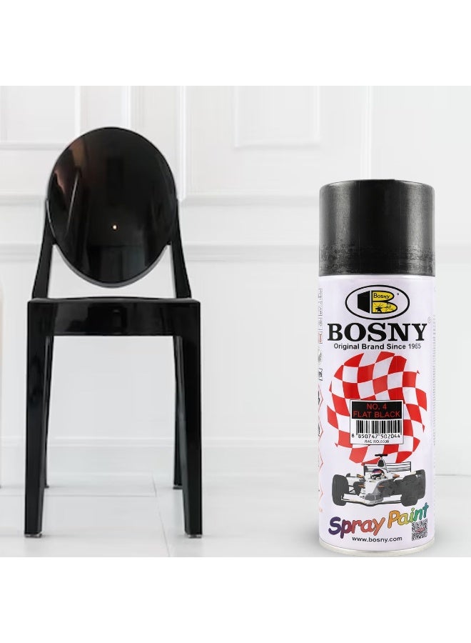 بوسني طلاء بخاخ Bosny – عبوة من 4 قطع – لون أسود مطفي (Aerosol) – طلاء سريع الجفاف بلمسة نهائية غير لامعة، مناسب للمعادن، الخشب، البلاستيك، السيارات، مشاريع الأعمال اليدوية والاستخدام المنزلي. - Image 4