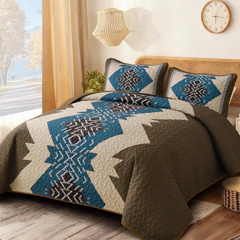 Dintszyayue Brown Boho Quilt Set Queen, Aztec Western Quilt Bedspread Set, 3 Pieces Texture Bedspread Southwestern Bedding Set, Soft Lightweight Coverlet Set for All Season with 2 Pillowcases - Image 2