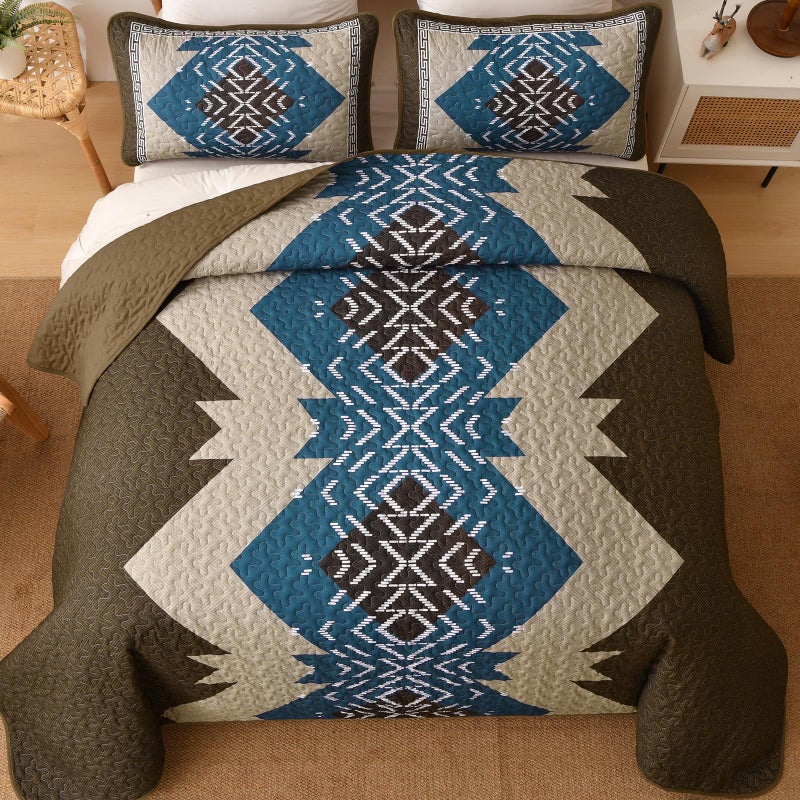 Dintszyayue Brown Boho Quilt Set Queen, Aztec Western Quilt Bedspread Set, 3 Pieces Texture Bedspread Southwestern Bedding Set, Soft Lightweight Coverlet Set for All Season with 2 Pillowcases - Image 3