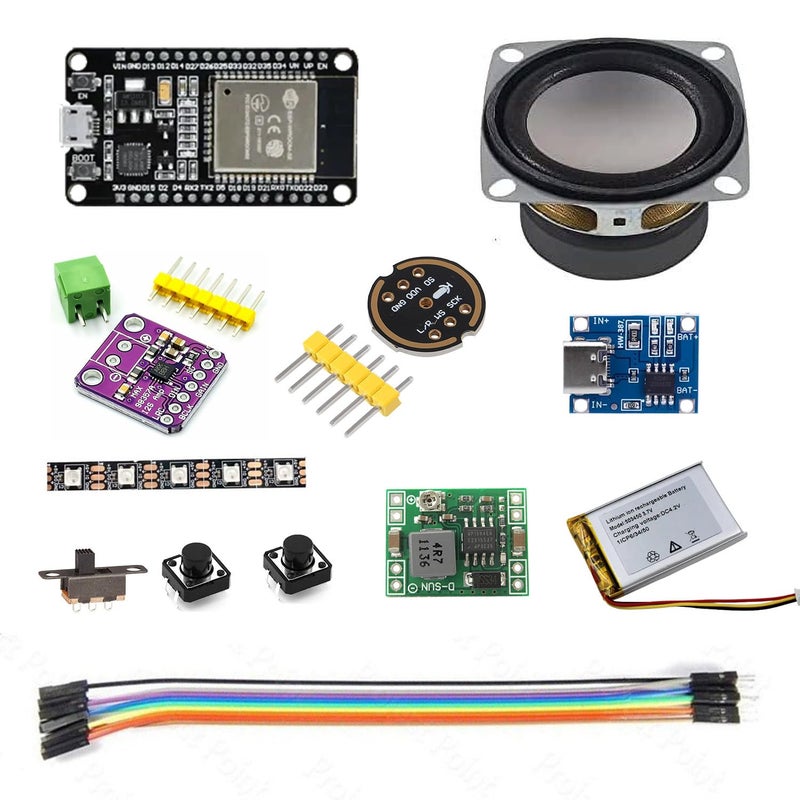 DIY Voice Assistant Speaker Kit with ESP32 Microcontroller, I2S Amplifier, INMP441 Microphone, WS2812 LED, 2-Inch Speaker, Rechargeable Battery, and Accessories for IoT and Smart Home Projects