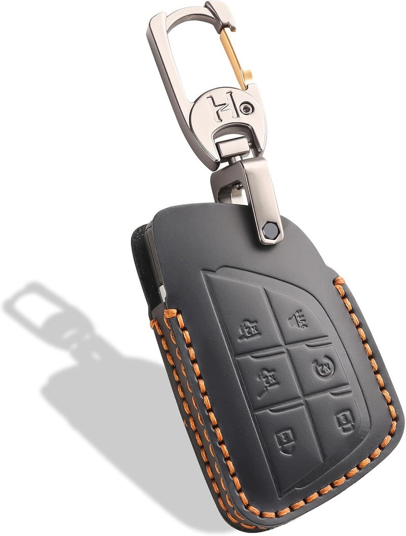 Aoocar Leather Key Fob Cover, Compatible with 2021/2022/2023/2024/2025 GMC Yukon Denali Sierra, For Chevy Silverado Suburban Tahoe Buick etc, Retro Style Design Key Holder Protector(6 Button, Black) - Image 1