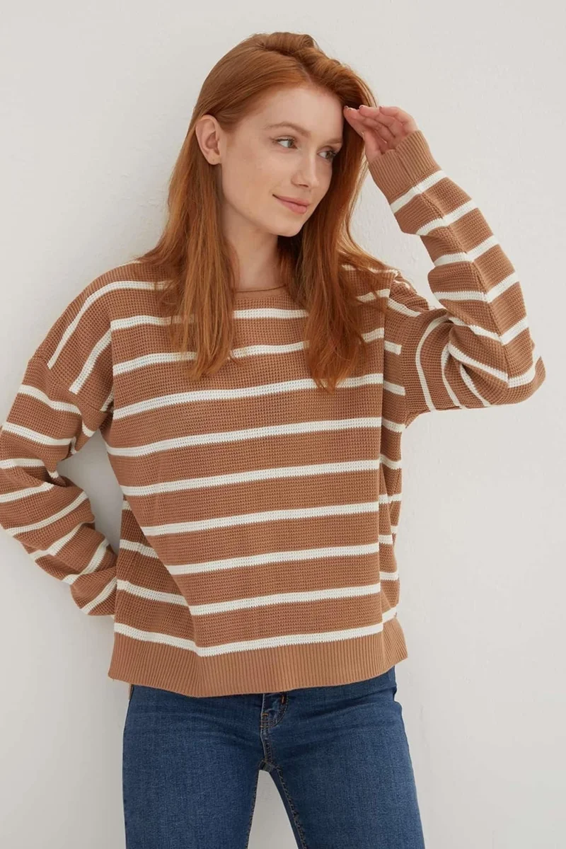 فاشن فريندز Regular Fit Crew Neck Striped Knitwear Sweater Women's Sweater 24K0477K1