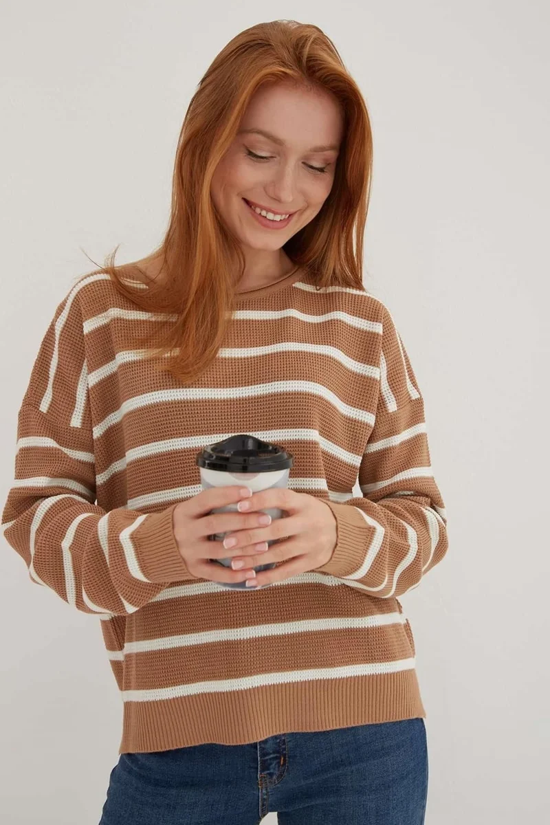 فاشن فريندز Regular Fit Crew Neck Striped Knitwear Sweater Women's Sweater 24K0477K1