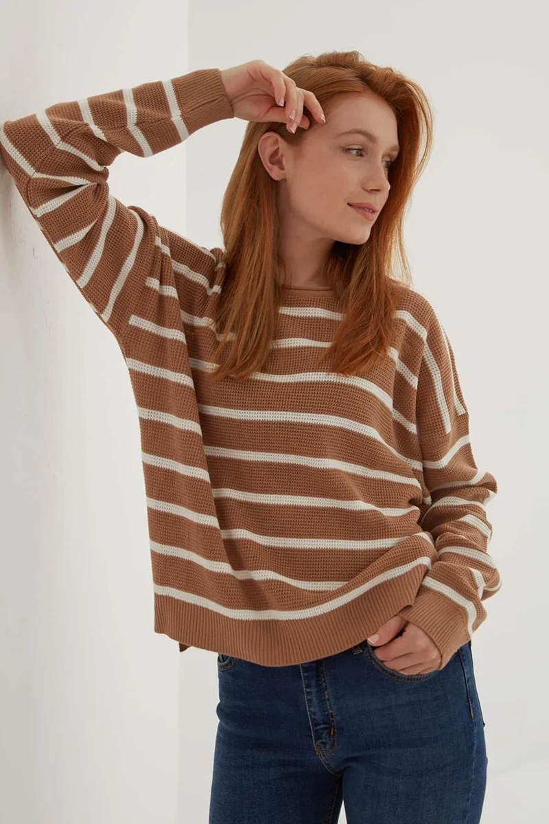 فاشن فريندز Regular Fit Crew Neck Striped Knitwear Sweater Women's Sweater 24K0477K1