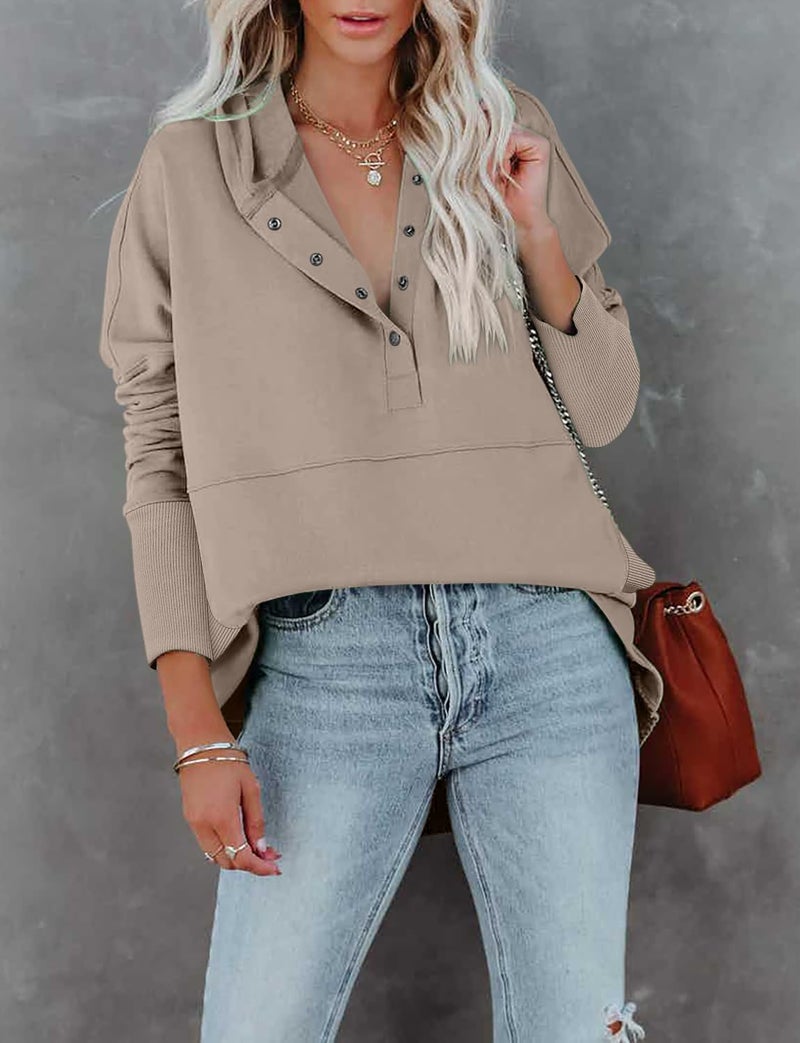 onlypuff Sweatshirt for Women Trendy V Neck Pullover Hoodies Oversized Teen Girls Button Sweatshirt Long Sleeve Winter Warm Tops Deep Apricot S - Image 2