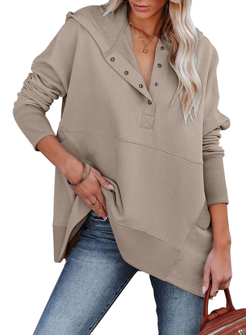 onlypuff Sweatshirt for Women Trendy V Neck Pullover Hoodies Oversized Teen Girls Button Sweatshirt Long Sleeve Winter Warm Tops Deep Apricot S - Image 1