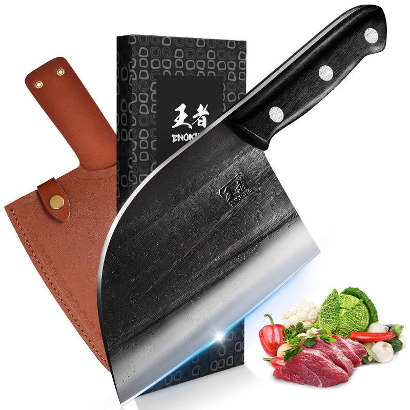ENOKING Serbian Chef Knife 6.7 Inch, Handmade Professional Meat Cleaver Knife with Leather Sheath, High-Carbon Clad Steel Butcher Knife with Full Tang Handle for Kitchen, Camping, BBQ - Image 1