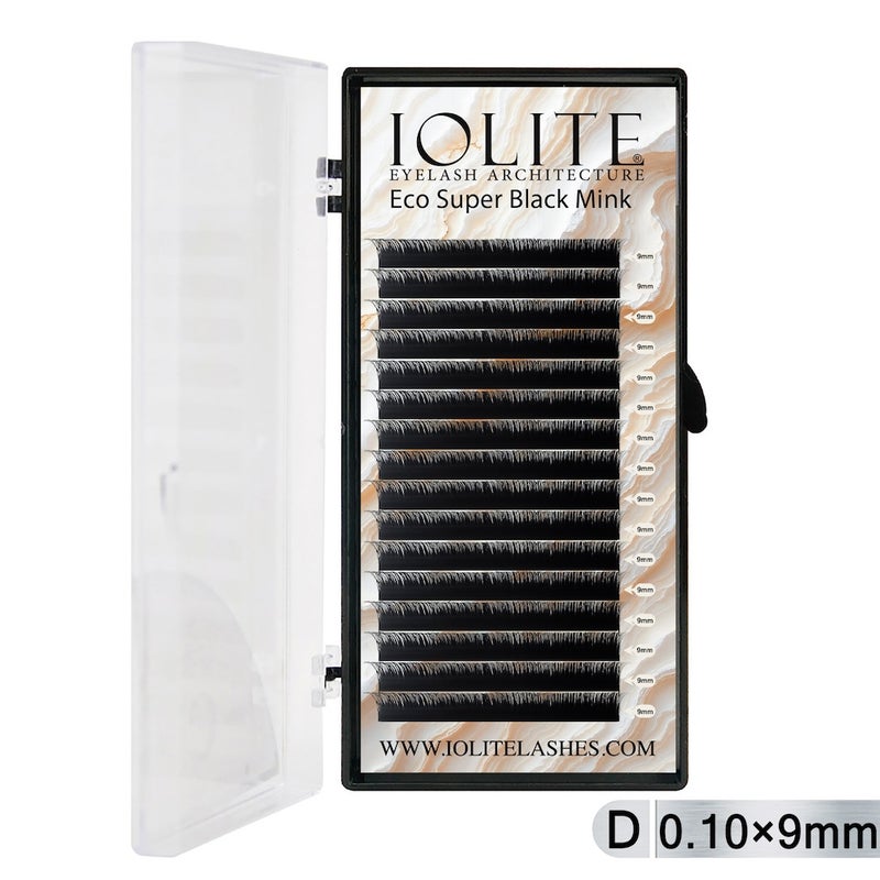 Iolite Super Black Mink Lash Extension – D Curl 0.10T Mix (6mm–15mm) | Premium Black Mink Eyelash Extension Tray for Lash Artists ISBMD10T - 9MM