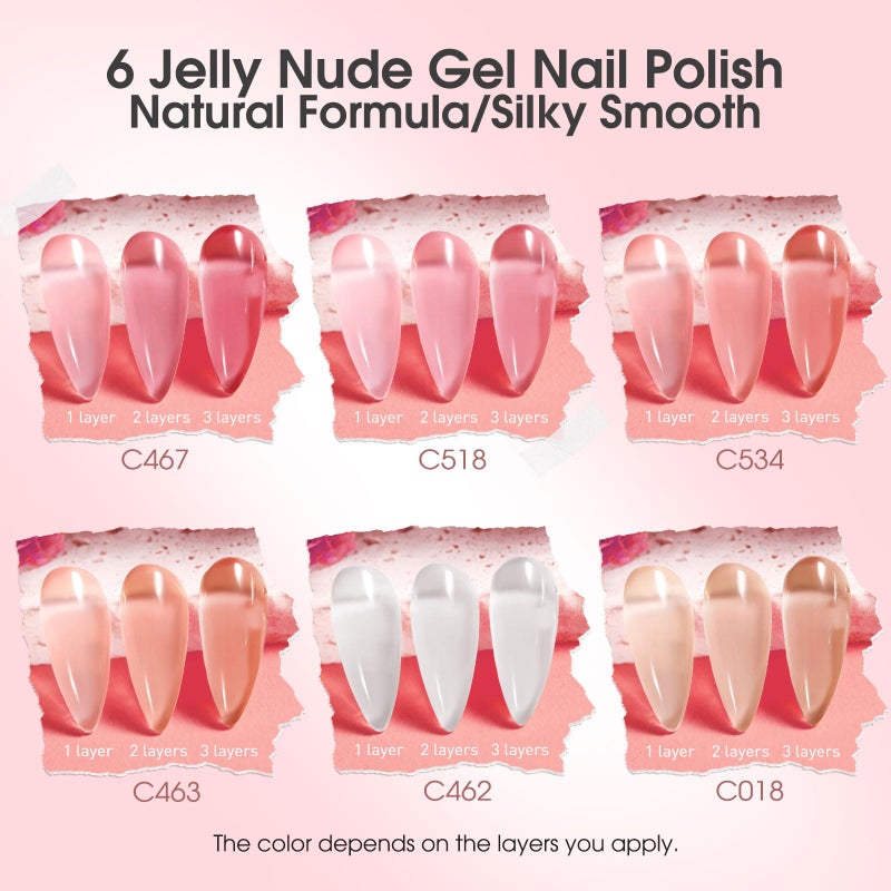 ROSALIND Jelly Gel Polish Set with Matte and Glitter Gel Top Coat, 6 Translucent Colors Neutral Sheer Milky White Nude Pink base Gel Nail Polish set Nail Art DIY at Home - Image 2