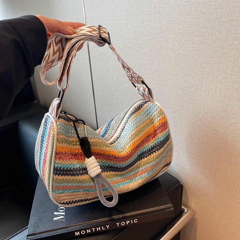 Rainbow Woven Women's Shoulder Bag 2025 Fashionable Crossbody Bag Large Capacity - Image 3
