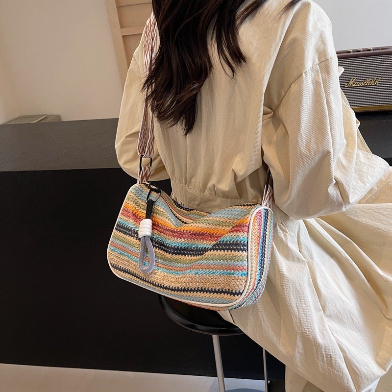 Rainbow Woven Women's Shoulder Bag 2025 Fashionable Crossbody Bag Large Capacity - Image 1