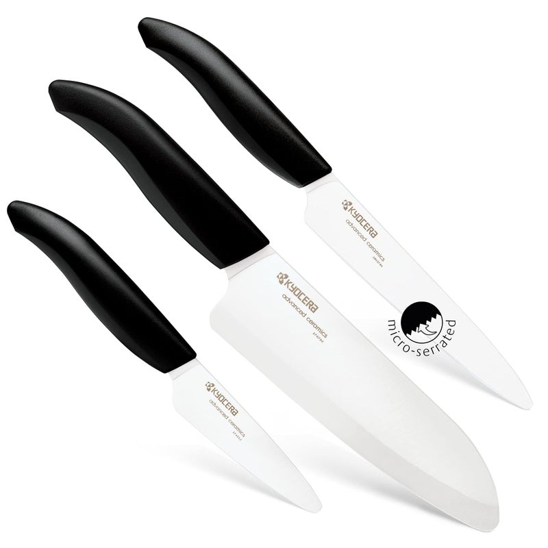 Kyocera Advanced Ceramics â€“ Revolution Series 3-Piece Ceramic Knife Set: Includes 6-inch Chef's Knife; 5-inch Micro Serrated Knife; and 3-inch Paring Knife; Black Handles with White Blades - Image 1