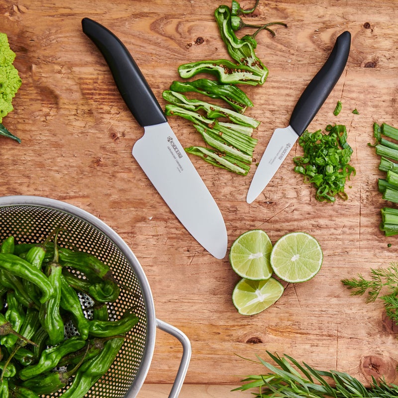 Kyocera Advanced Ceramics â€“ Revolution Series 3-Piece Ceramic Knife Set: Includes 6-inch Chef's Knife; 5-inch Micro Serrated Knife; and 3-inch Paring Knife; Black Handles with White Blades - Image 2