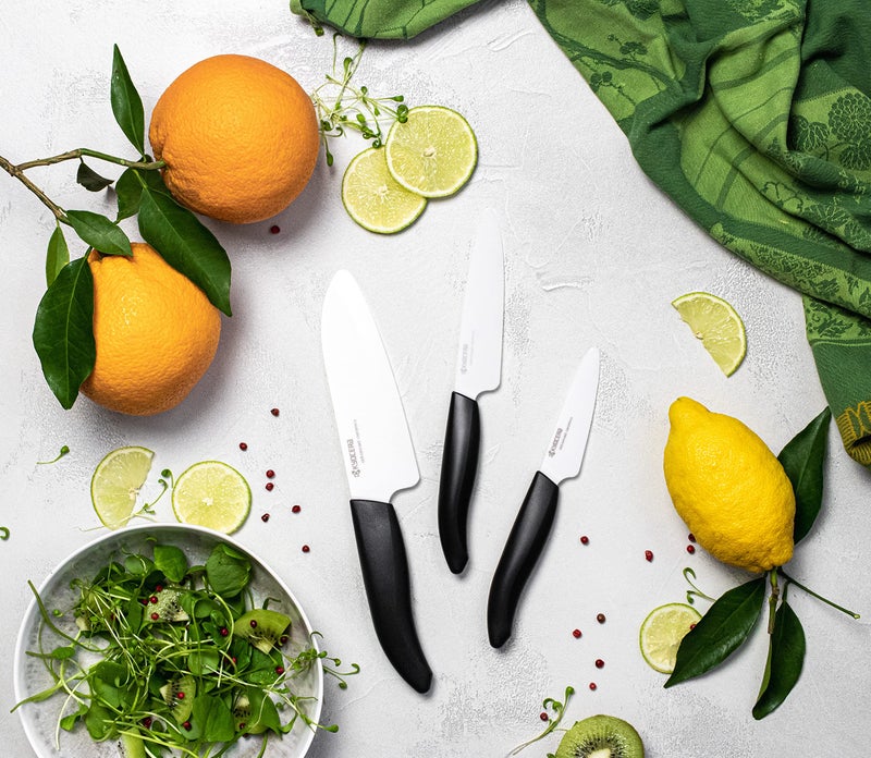 Kyocera Advanced Ceramics â€“ Revolution Series 3-Piece Ceramic Knife Set: Includes 6-inch Chef's Knife; 5-inch Micro Serrated Knife; and 3-inch Paring Knife; Black Handles with White Blades - Image 3
