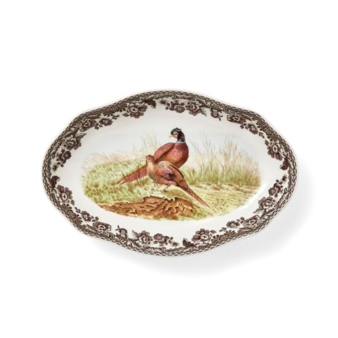 Spode Woodland Pheasant Pickle Dish - 8.5" Porcelain Tray with British Flowers Border & Scalloped Edge, Microwave, Dishwasher, Oven & Freezer Safe - Rustic Serveware for Appetizers & Sides