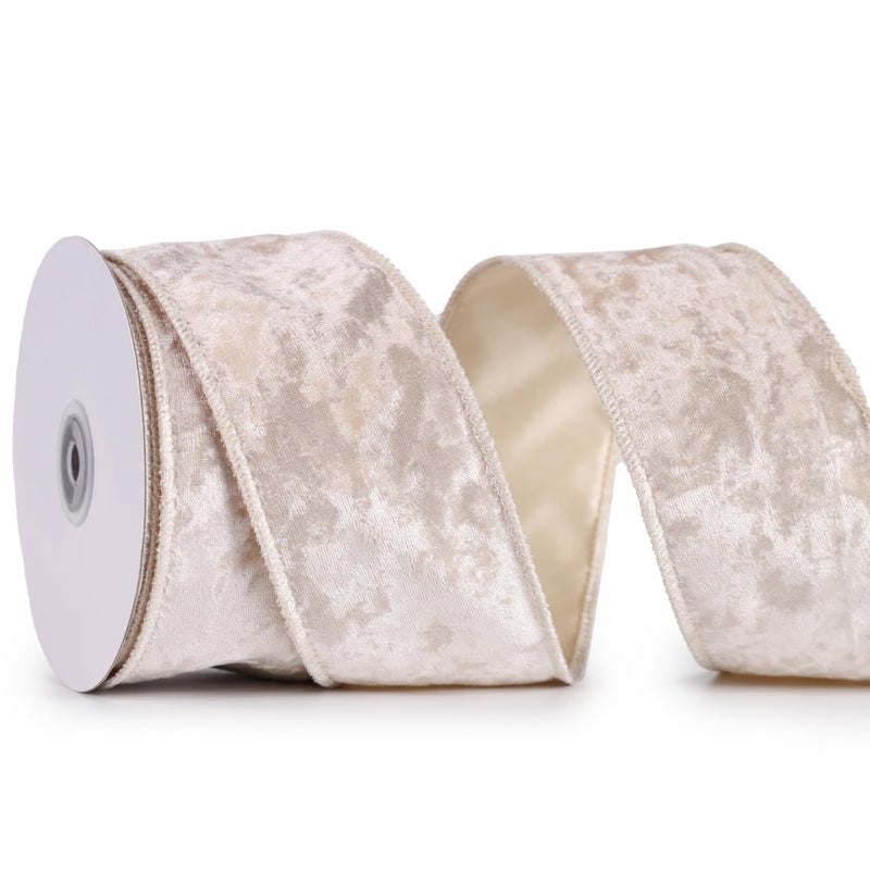 MAYREEL 25 Inch Ivory Crushed Velvet Ribbon Wired for Christmas Decorations Gift Wrapping Wreaths Tree Toppers 10 Yards