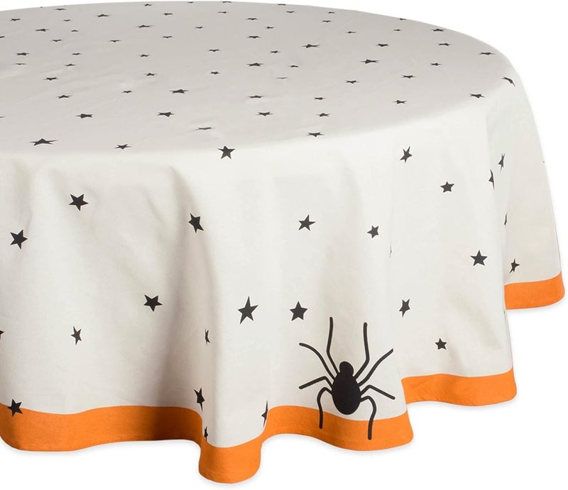 DII DII Halloween Tabletop Collection Bold Black StarsSpooky Spider with Orange Border on OffWhite Natural Background Machine Washable 70 Tablecloth - Image 1
