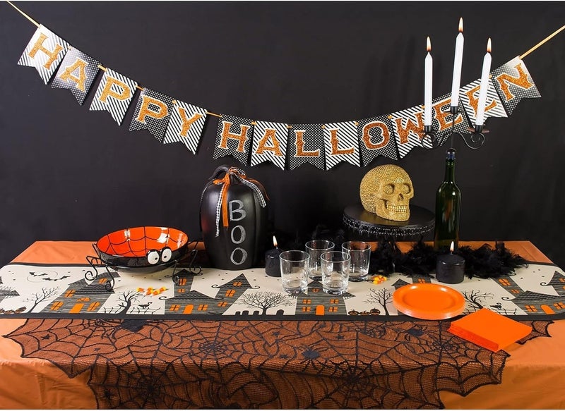 DII DII Halloween Tabletop Collection Bold Black StarsSpooky Spider with Orange Border on OffWhite Natural Background Machine Washable 70 Tablecloth - Image 3