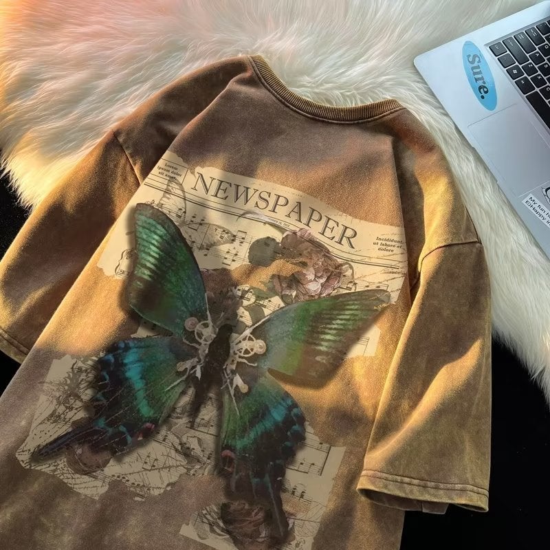 Butterfly American Style Retro T-Shirt Mens Short-sleeved Heavy-weight Washable Old Fashionable Brand Fashionable High Street Loose Summer Half Sleeve Brown 