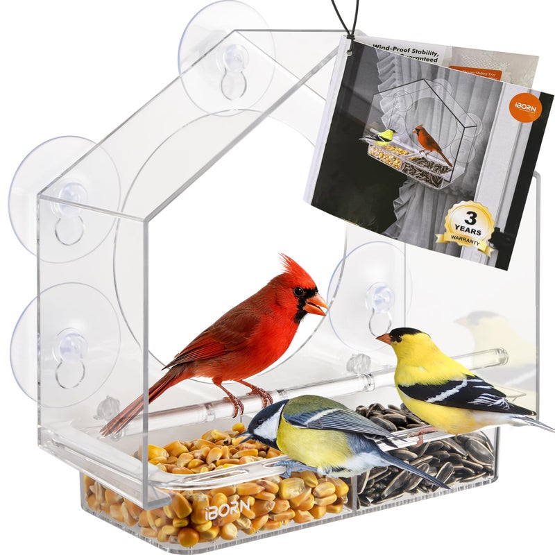 iBorn 2026 New Window Bird Feeders for Outdoors Wind-Proof Tray Lock,Cardinal Bird Feeder with Strong Suction Cups for Window Birds Watching, Chewproof PC, for Parent &Child - Image 1