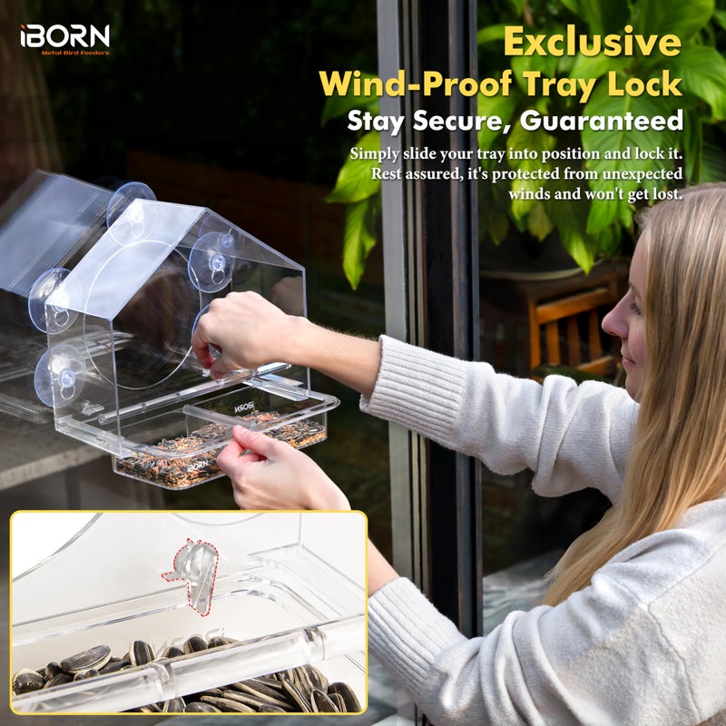 iBorn 2026 New Window Bird Feeders for Outdoors Wind-Proof Tray Lock,Cardinal Bird Feeder with Strong Suction Cups for Window Birds Watching, Chewproof PC, for Parent &Child - Image 4