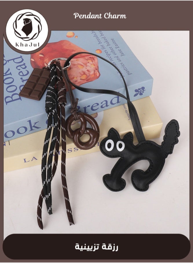 KHAJUL Funny Cat Keychain with Round Eyes and Chocolate Bar Charm, Soft PU Cat Bag Charm Key Ring with Knitted Rope, Retro Minimalist & Cute Purse Charm for Daily Accessories - Image 1