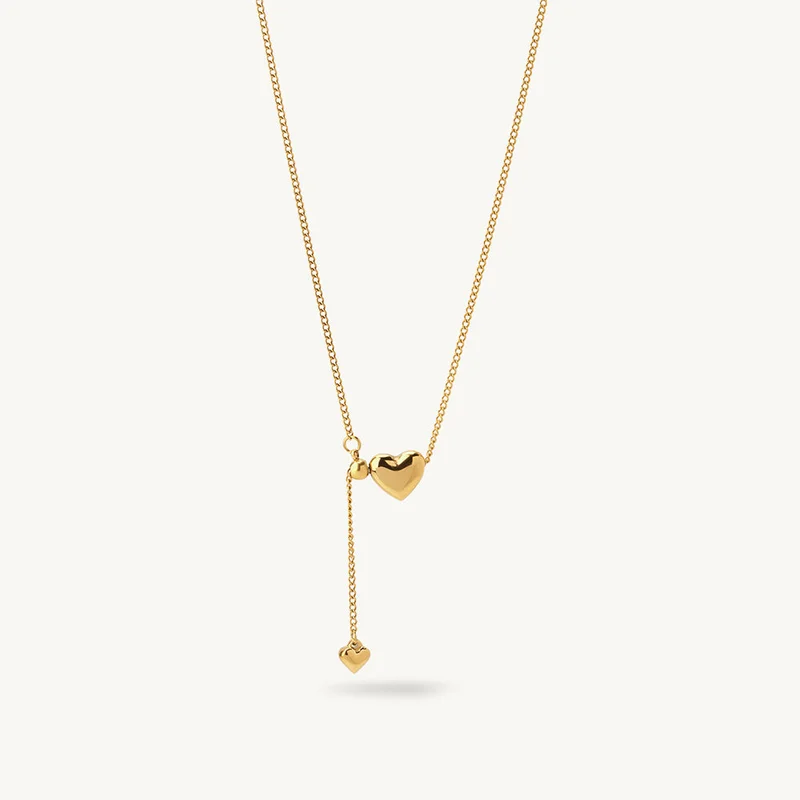 PALMONAS Dual Heart Accent Lariat Necklace for Women | 18K Gold Plated, Waterproof & Anti-Tarnish