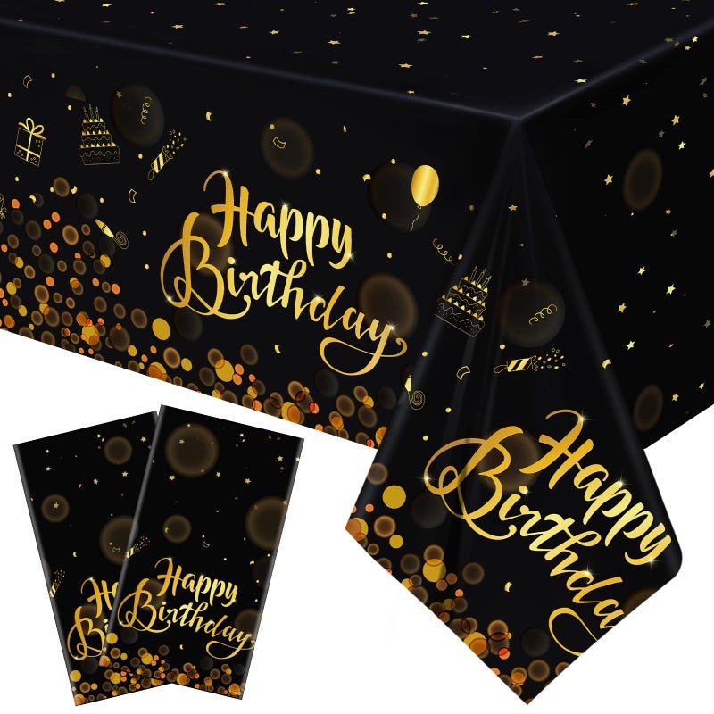 TURSTIN 2 Pack Happy Birthday Tablecloths Black Gold Plastic Table Cloth Rectangular 54 x 108 Inch Party Table Covers for Parties Birthday Anniversary Decorations