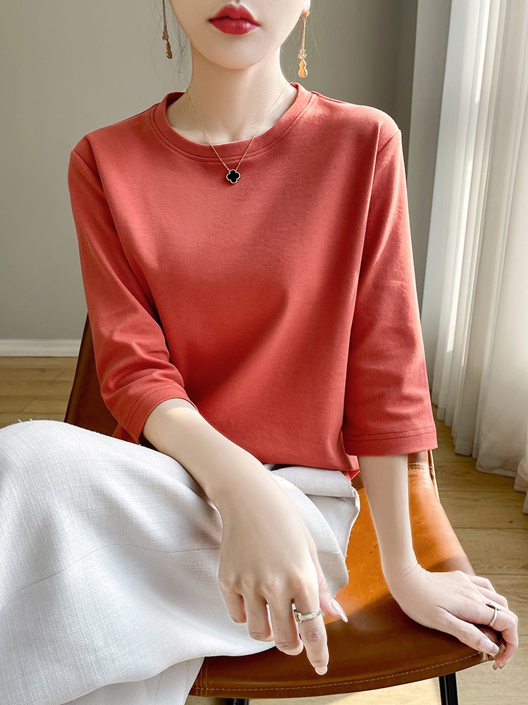 Elegant Mid-Sleeve Top Women'S Seven-Sleeve High-End Positive Shoulder White Combed Cotton Round Neck Short-Sleeved Pure Cotton T-Shirt Trendy - Image 5