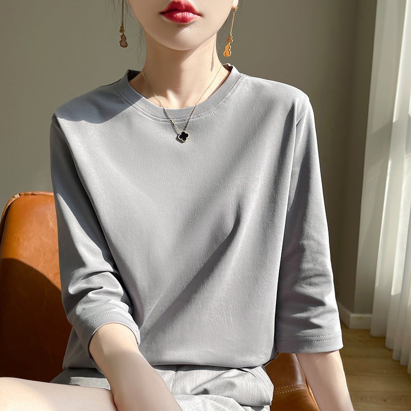 Elegant Mid-Sleeve Top Women'S Seven-Sleeve High-End Positive Shoulder White Combed Cotton Round Neck Short-Sleeved Pure Cotton T-Shirt Trendy - Image 1