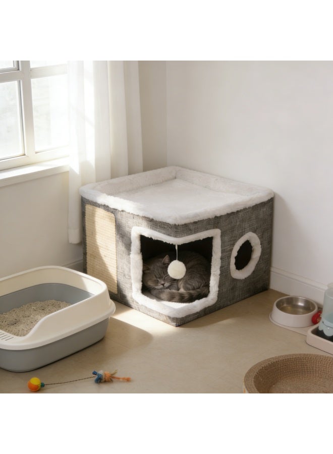 Foldable Cat House Cave Bed with Scratching Board, Plush Ball and Double-Sided Cushion, Indoor Warm Cat Condo for Small Pets - Image 3