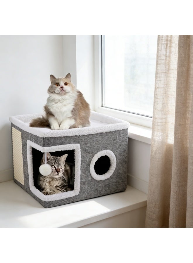 Foldable Cat House Cave Bed with Scratching Board, Plush Ball and Double-Sided Cushion, Indoor Warm Cat Condo for Small Pets - Image 4