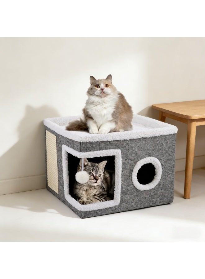 Foldable Cat House Cave Bed with Scratching Board, Plush Ball and Double-Sided Cushion, Indoor Warm Cat Condo for Small Pets - Image 5