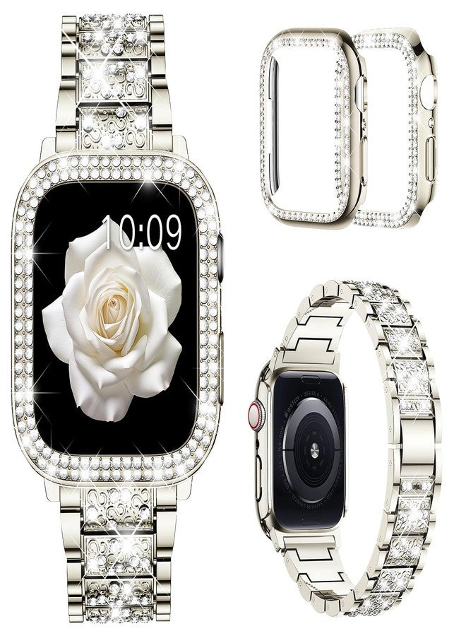 Mosonio Compatible with Apple Watch Band 46mm S11/S10 with Case Women, Jewelry Replacement Metal Wristband with 2 Pack Bling PC Protective Cover for iWatch Series 11/10(46mm,Starlight) - Image 1