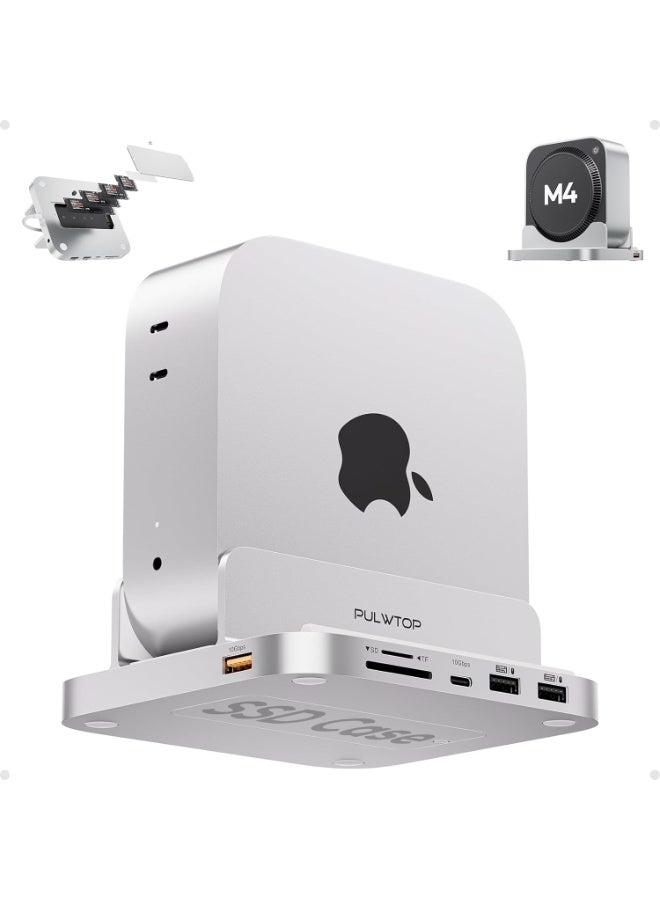 Mac mini M4 Dock with 4TB M.2 SSD Enclosure, 8-in-1 Aluminum Vertical USB-C Hub for Mac mini M4 Pro Hub Stand with USB-A/C 3.2 10Gbps, 2xUSB-A 2.0, 3.5mm Audio, SD/TF Slots (SSD NOT Included) - Image 1